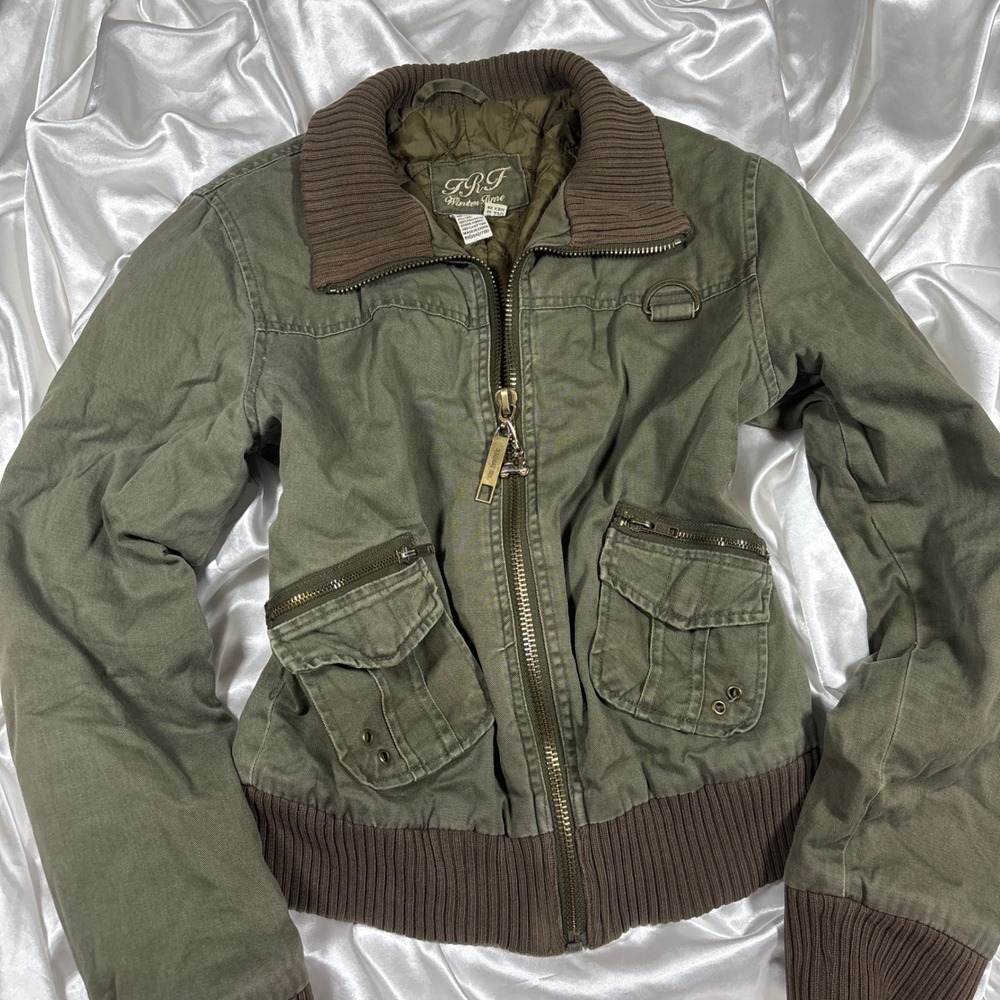 y2k TRF Bomber Jacket Green Excellent Utility Military Quilted Pockets M - Picture 2 of 5